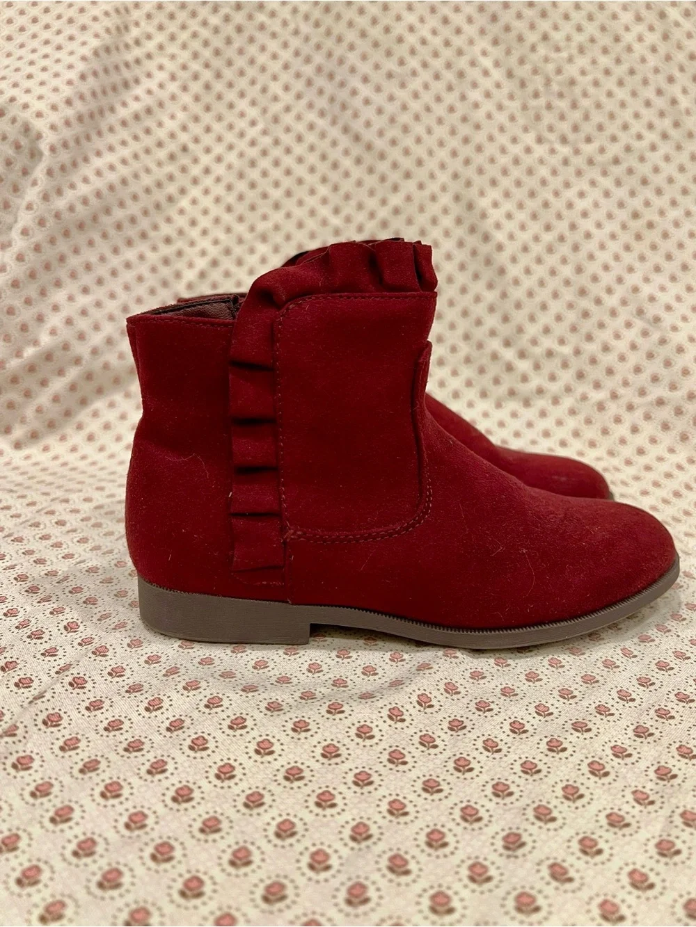 H&M Girl Burgundy Suede Ankle Boots - Stylish Ruffle Top. Size 12